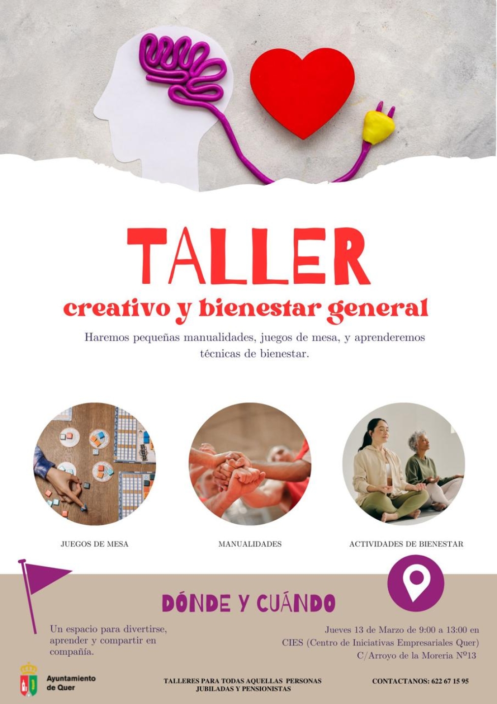 Taller creativo y de bienestar general, con manualidades, juegos de mesa y técnicas de bienestar.